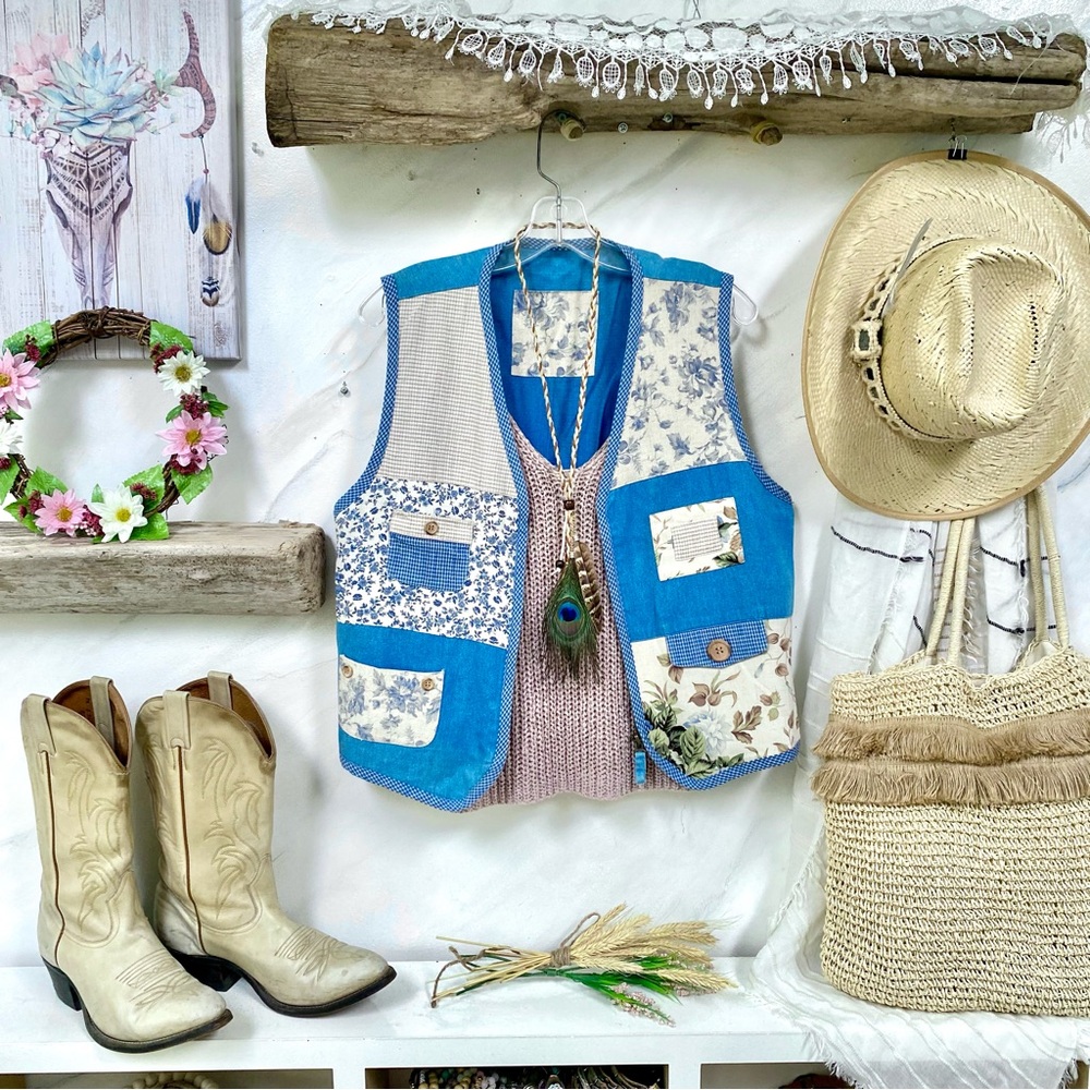 Vintage Cream and Blue Western Vest with Floral Embroidery